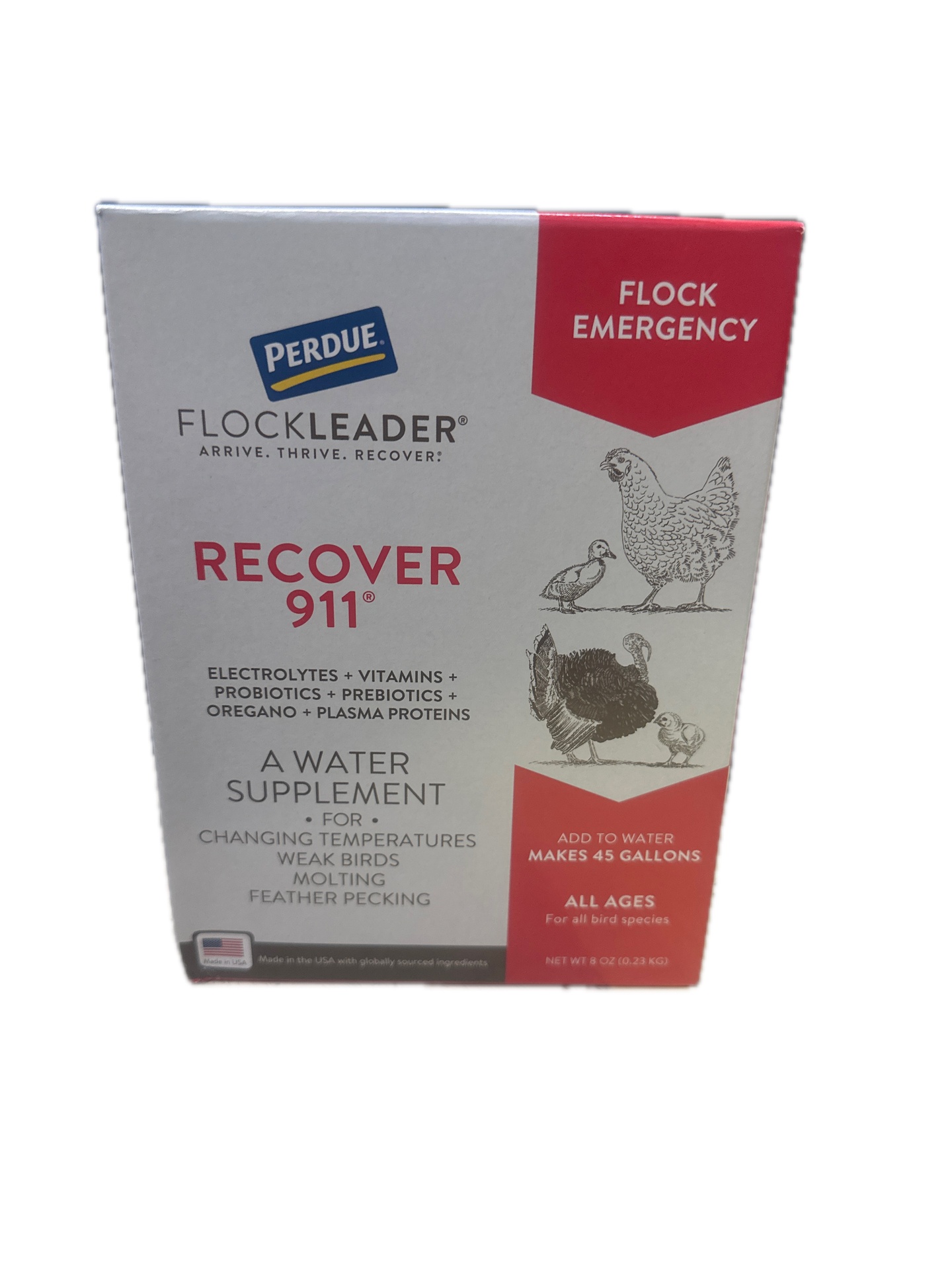 Flockleader Recover 911 Electrolyte Probiotic Oregano Severe Stress Supplements for Chickens 8-oz