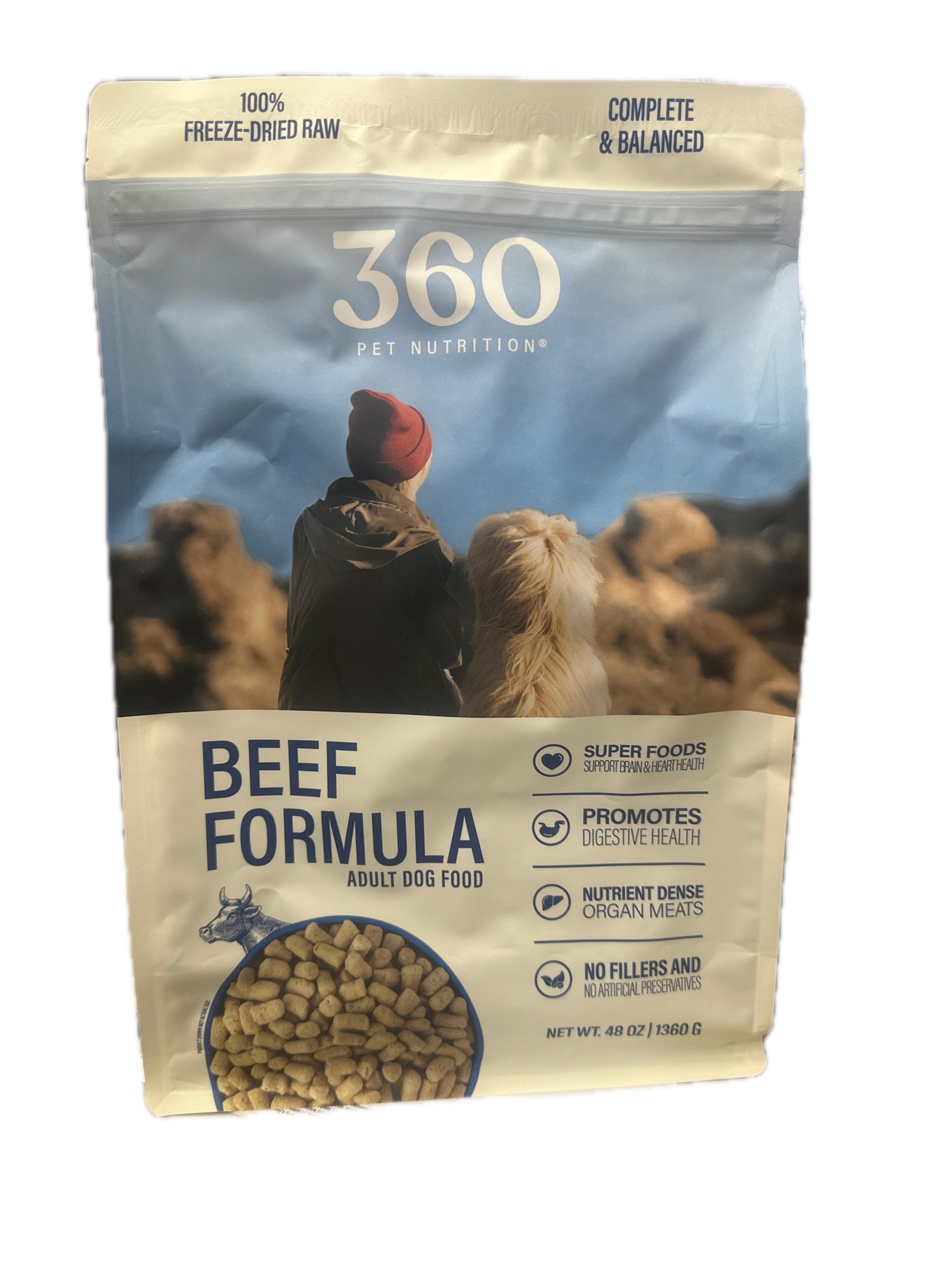 360 Pet Nutrition- Freeze Dried Adult Dog Food, Beef Formula, 48 oz